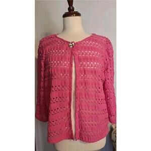 Ruby Rd. Womens Pink Round Neck 3/4 Sleeve Open Weave Cardigan Sweater Size L